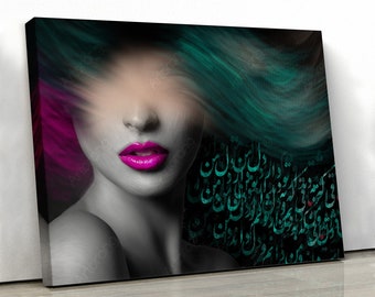 Persian Calligraphy Woman Portrait, Modern Art Canvas Print