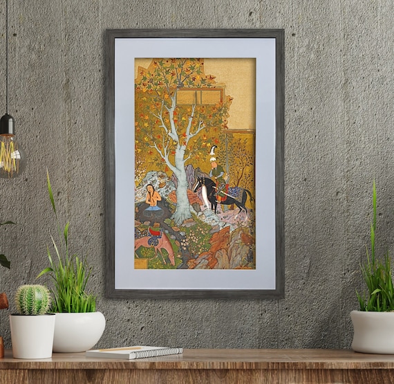 Framed Persian Miniature Painting, Khamsa of Nizami, Behzad Style