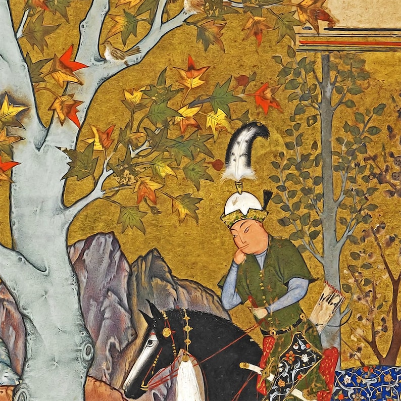May include: A painting depicting a man in a green and gold outfit riding a black horse. The man is wearing a white hat with a feather plume and has a thoughtful expression. The background is a golden landscape with trees and birds.
