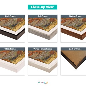 May include: Close-up view of different frame options for a framed print. The frames are black, oak, walnut, white, vintage silver, and show the back of the frame.