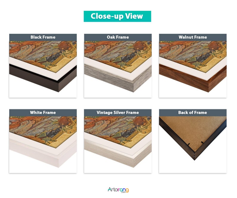 May include: Close-up view of different frame options for a framed print. The frames are black, oak, walnut, white, vintage silver, and show the back of the frame.