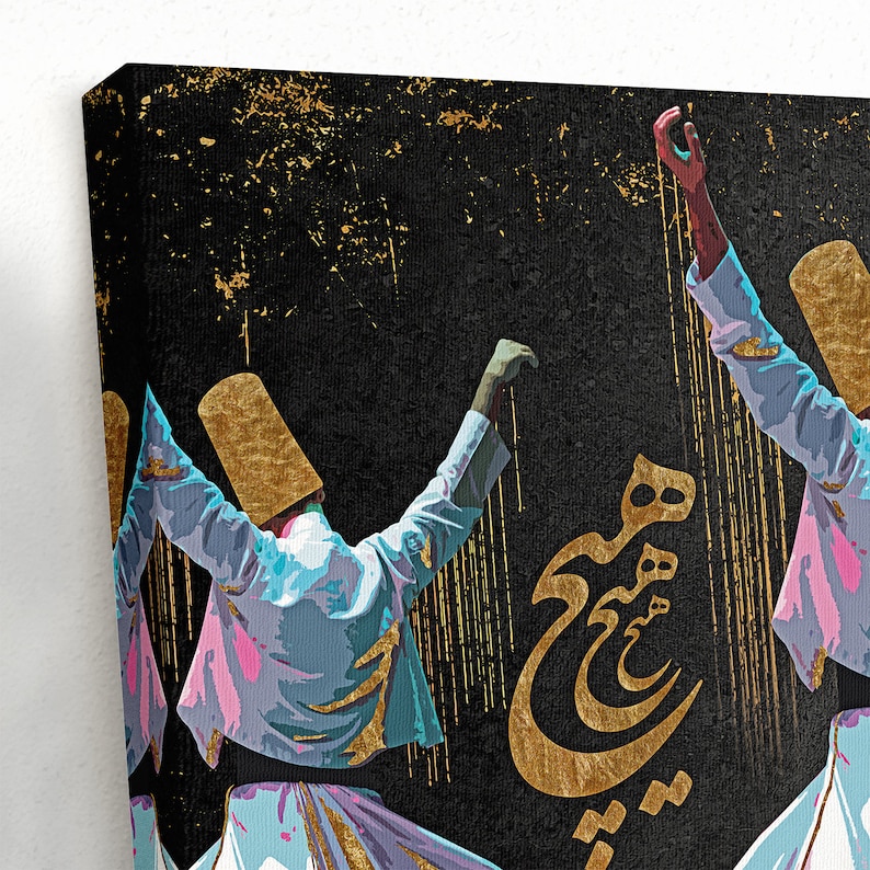 Ancient Sufi dance wall art, Rumi whirling dervishes with calligraphy canvas art Middle Eastern art Persian painting Arabic artTurkish image 3