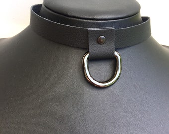 Genuine Leather Choker/ black smooth leather choker with hanging D ring/ Handmade choker/ dark inox color metal ring