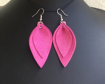 Orecchini "Foglie" in vera pelle scamosciata / Pelle rosa / Orecchini fatti a mano