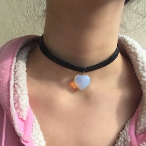 Genuine Leather Choker / Black Leather choker with a stone heart/ simple 1 cm wide choker