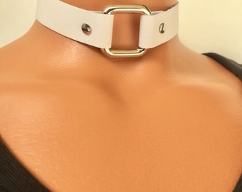 Genuine Soft Leather Choker / White smooth leather square ring choker/ Handmade unique choker