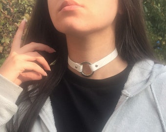 Genuine Leather Choker /White Soft Leather O ring choker/ Handmade choker/ silver color metal ring