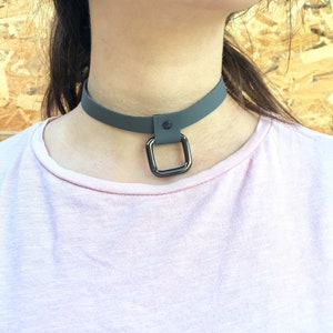 Genuine Leather Choker /Matte Gray smooth leather with hanging square ring