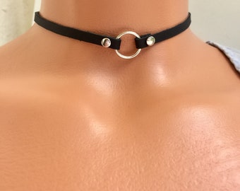 Skinny Black Genuine Leather Choker /Thin 5 mm O-ring soft choker / Handmade Strap Choker by Detelini