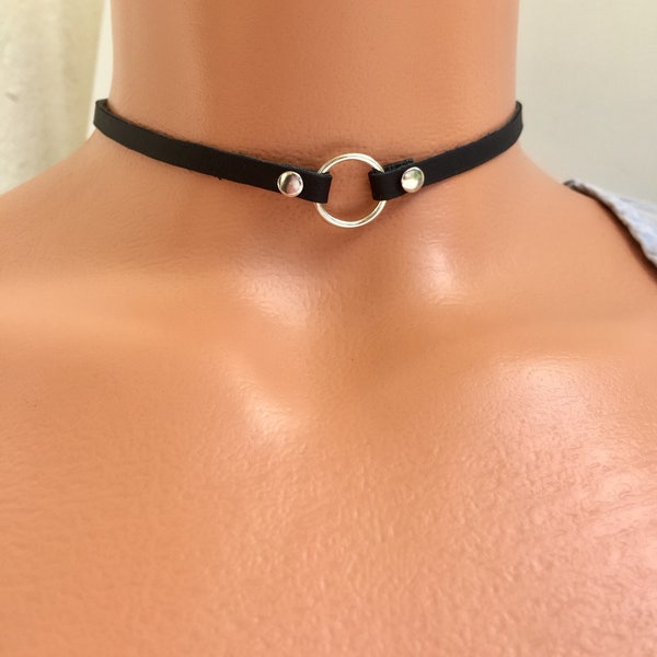 Skinny Black Genuine Leather Choker /Thin 5 mm O-ring soft choker / Handmade Strap Choker by Detelini