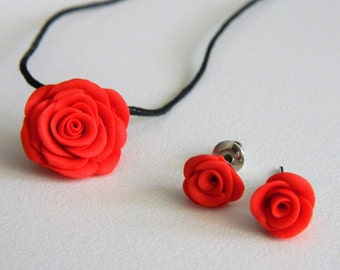 SET of 2 items/ Rose charm necklace and earrings/ Gift box/ Polymer clay/ Handmade/ Polymer clay jewelry