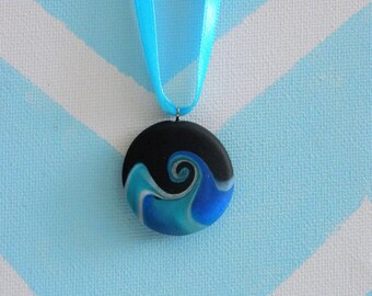 Necklace/ ‘Storm in the ocean’ charm/ Polymer clay/ Handmade / circular base / Polymer clay jewelry