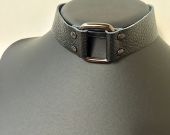 Genuine Leather Choker /Black Soft Leather choker with rectangle shape ring /dark inox metal ring/ Handmade Accessory by Detelini