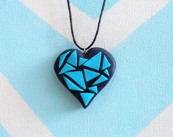 Necklace/ Two colors mosaic charm – heart form/ Polymer clay/ Handmade /heart base/ dark blue base / Polymer clay jewelry