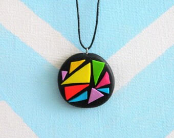 Necklace/ Multi-color mosaic charm/ Polymer clay/ Handmade / circular base/ Black base/ Polymer clay jewelry