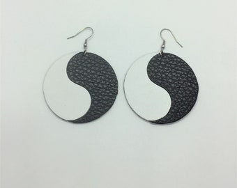 Genuine Leather Black and White "Yin & Yang" circle Earrings / Handmade statement round earrings