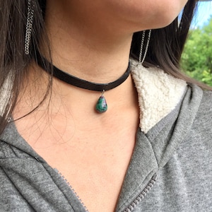 Genuine Soft Leather Choker / Black choker with teardrop gemstone/ Thin 1 cm width strap