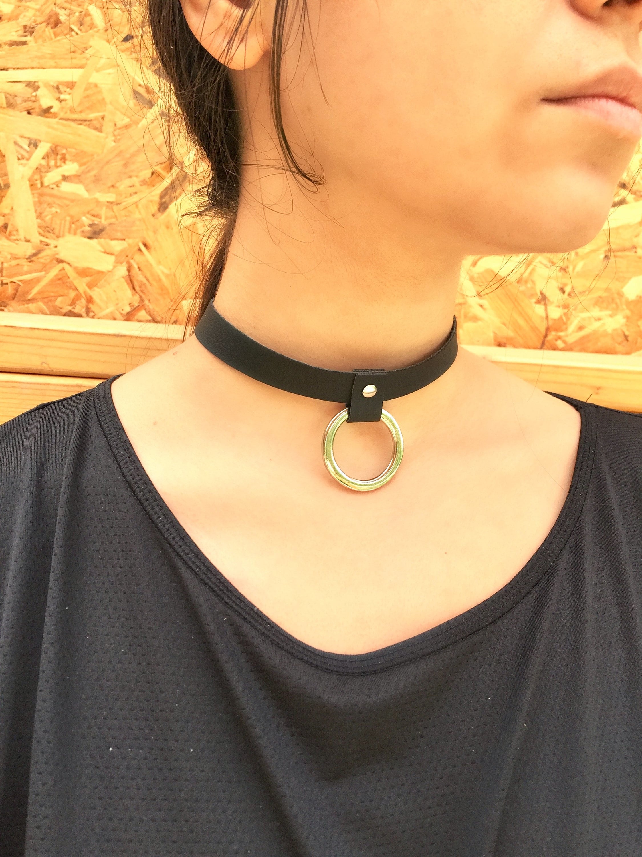 Genuine Leather Hanging O Ring Choker /black Leather/ Handmade