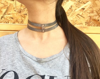 Genuine Leather Old Silver Choker / Two straps with rivets / Handmade Choker by Detelini