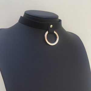 Genuine Leather hanging O ring choker /Black perfo-surface leather/ Handmade choker/ silver color metal ring