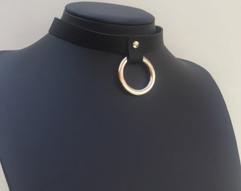 Genuine Leather hanging O ring choker /Black perfo-surface leather/ Handmade choker/ silver color metal ring