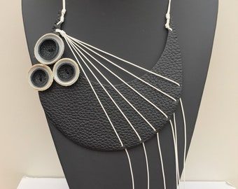 Dainty Leather Necklace / Asymetric Extravagant Black and White Necklace / Handmade Bib Necklace