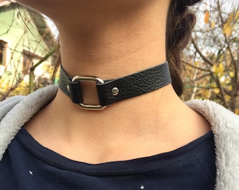 Genuine Soft Leather Choker /black Embossed Leather Square Ring