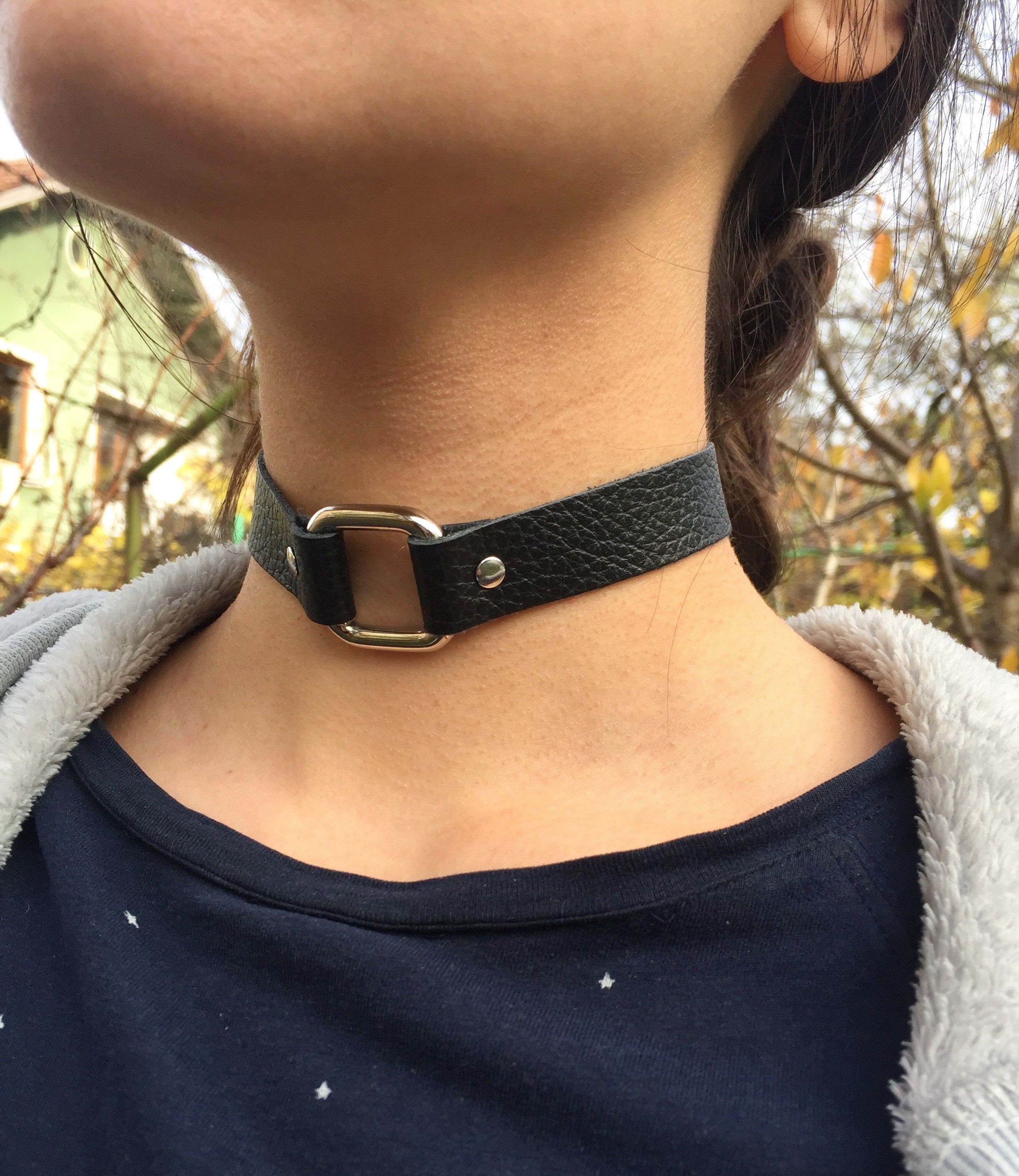 Genuine Soft Leather Choker /black Embossed Leather Square