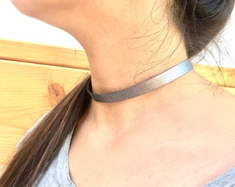 Simple Old Silver Genuine Leather Choker /Thin 1 cm plain choker / Handmade Strap Choker by Detelini