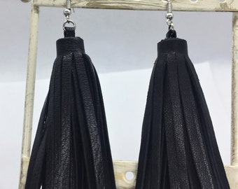 Genuine Leather Tassel Earrings /Long Dangling Fringe Earrings/ Handmade leather earrings