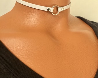 Skinny White Genuine Leather Choker /Thin 5 mm O-ring soft choker / Handmade Strap Choker by Detelini