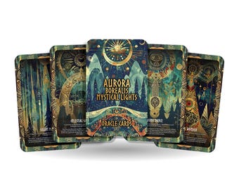 May include: A set of seven oracle cards with a mystical theme. The cards feature illustrations of a forest, stars, and celestial bodies. The cards are titled "Aurora Borealis Mystical Lights Oracle Cards".