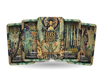 May include: A set of seven oracle cards featuring illustrations of elves and forest scenes. The cards are decorated with gold accents and have titles such as "Enchantress", "Spiralling Forest", and "Elven Beauty". The cards are part of a deck called "Elves Beings of Beauty Oracle Cards".