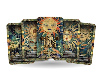 May include: A set of six oracle cards with colorful illustrations of suns and moons. The cards are titled "Midnight Sun Endless Daylight Oracle Cards".
