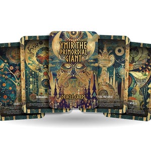 May include: A set of oracle cards featuring intricate illustrations and the text "Ymir the Primordial Giant." The cards have a teal and gold color scheme with celestial and nature-inspired imagery. The cards are displayed fanned out.