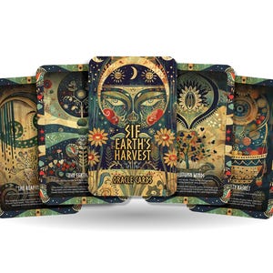 May include: A set of oracle cards with colorful illustrations and gold accents. The cards feature a variety of themes, including nature, animals, and spirituality. The cards are titled "Sif Earth's Harvest Oracle Cards".