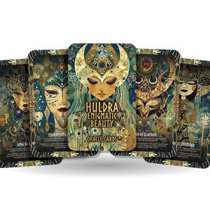 May include: A set of six oracle cards with a mystical theme. Each card features a different illustration of a woman with intricate details and a gold and green color scheme. The cards are titled "Huldre Enigmatic Beauty Oracle Cards".