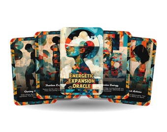 May include: A set of colorful oracle cards with geometric patterns and illustrations of people. The cards feature text such as "Energetic Expansion Oracle", "Fearless Exploration", "Darling Choices", "Intuistive Energy", and "Inspired Actions".