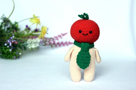 Crochet food doll pattern, Amigurumi tomato toy pattern, Crochet tomato head pattern, Kitchen decor, Crocheted amigurumi food pattern