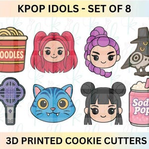 May include: Set of 8 3D printed cookie cutters featuring KPOP idols and related imagery. Designs include a ramen cup, cartoon faces with various hairstyles, a bird, a cat, a light stick, and a soda pop can.