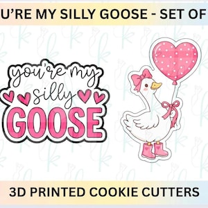 Può includere: Set di due tagliapasta stampati in 3D. Uno dice "You're my silly goose" in rosa e nero. L'altro è un'oca che tiene in mano un palloncino a forma di cuore rosa. Il testo "3D PRINTED COOKIE CUTTERS" è in basso.