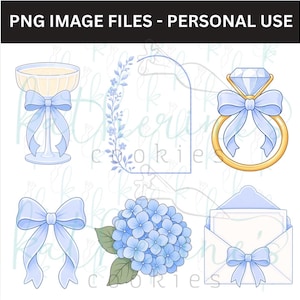 May include: A collection of PNG image files for personal use, featuring various designs. Includes a champagne glass with a bow, a floral arch, a diamond ring with a bow, a bow, a hydrangea flower, and an envelope with a bow. The text at the top reads "PNG IMAGE FILES - PERSONAL USE".