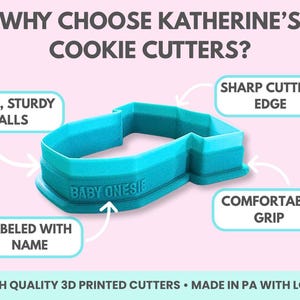 The image is an advertisement for a 3D printed cookie cutter named Katherine's. It features a close-up of the cookie cutter, highlighting its features such as thick, sturdy walls, sharp cutting edge, comfortable grip, and the ability to be labeled with a name. The image also emphasizes that the cookie cutter is made in PA with love, and it is described as high quality and 3D printed.