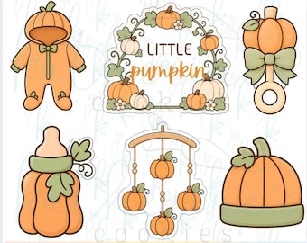 May include: A set of six 3D printed cookie cutters featuring pumpkin-themed designs including a baby onesie, a wreath with the text LITTLE pumpkin, a rattle, a baby bottle, a mobile, and a beanie, all in orange and sage green colors.