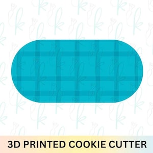 May include: A teal, oval-shaped cookie cutter with a plaid pattern. The cookie cutter is 3D printed and has rounded edges. The text "3D PRINTED COOKIE CUTTER" is at the bottom of the image.
