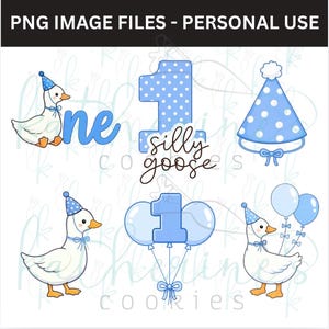 May include: A collection of digital graphics featuring a cartoon goose wearing a party hat, the word "one" in blue script, a blue number one with white polka dots, and the phrase "silly goose". Also included are blue balloons and a party hat.