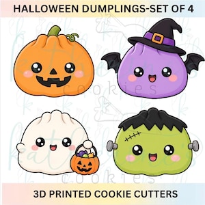 May include: A set of four 3D printed cookie cutters featuring Halloween dumpling designs: an orange pumpkin, a purple dumpling with a witch hat and bat wings, a white dumpling holding a pumpkin bucket, and a green Frankenstein-style dumpling.