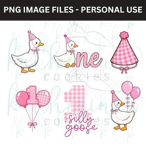 May include: A collection of whimsical illustrations featuring a white goose wearing a party hat and bow tie. Other elements include the word "one", balloons, a party hat, and the phrase "silly goose" in pink. The illustrations are perfect for a first birthday.