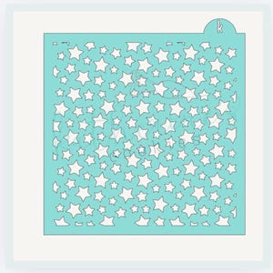 May include: A teal-colored stencil featuring a pattern of various-sized white stars. The stencil is square with a rounded tab at the top right corner. The stars are evenly distributed across the surface, creating a celestial design. The stencil is designed for crafting and decorating.