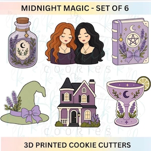 May include: A set of six 3D printed cookie cutters titled Midnight Magic, featuring illustrations of a potion bottle, two figures, a spellbook, a witch hat, a house, and a cocktail glass, all decorated with lavender, stars, and moon motifs.